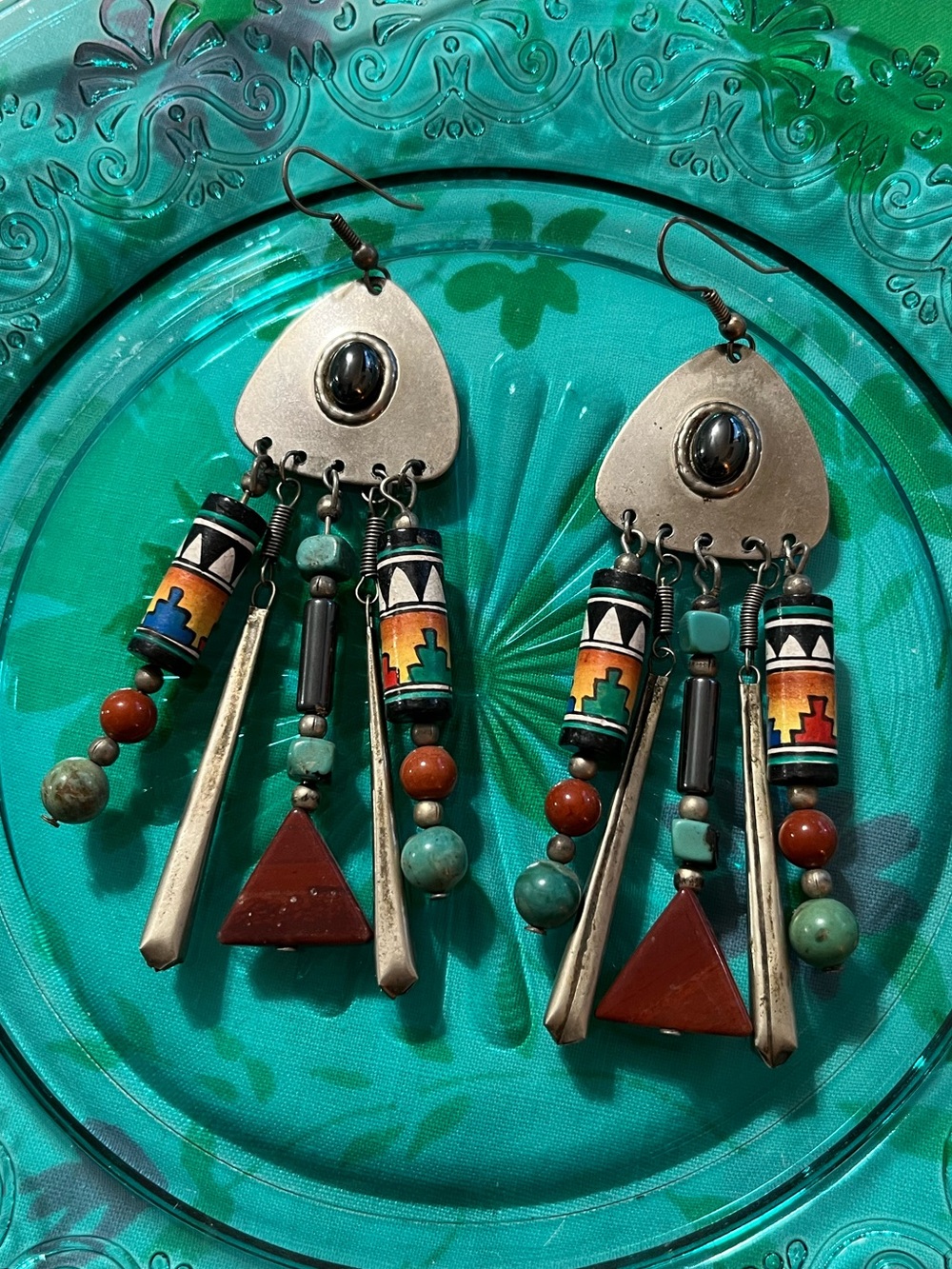 Vintage Native American Turquoise Coral Ceramic Beaded Silver Tone Earrings